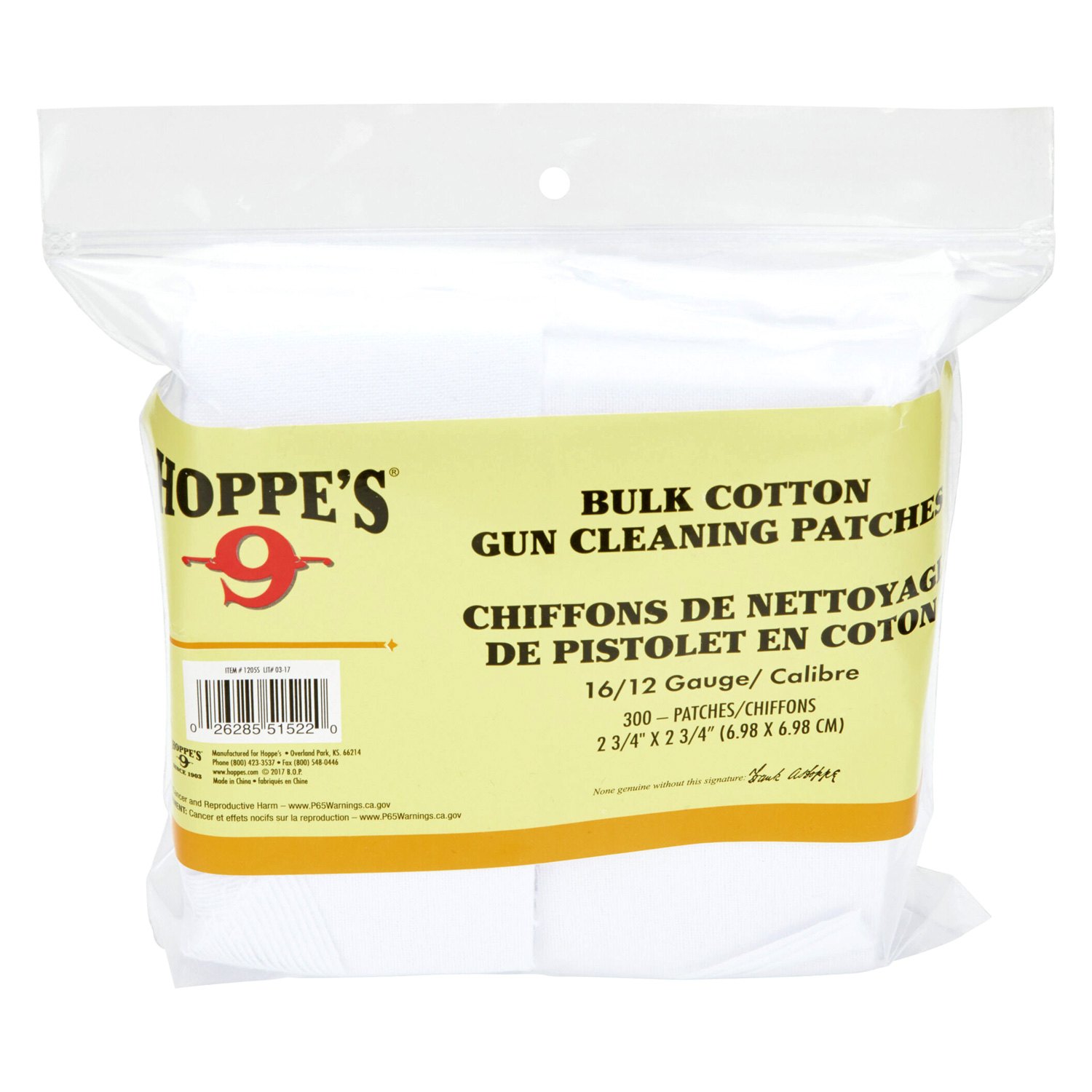 Hoppe's Bulk Cotton Gun Cleaning Patches for 16/12 Ga 300/pk