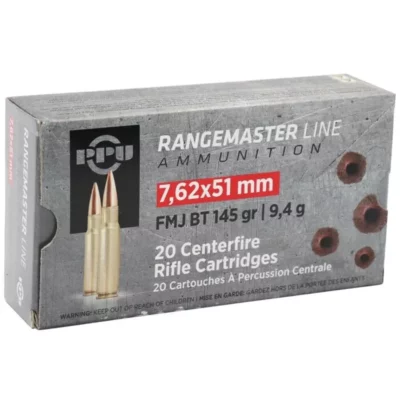 PPU Rangemaster Line 7.62x51mm Rifle Ammo, 145Gr FMJBT - 20Rds
