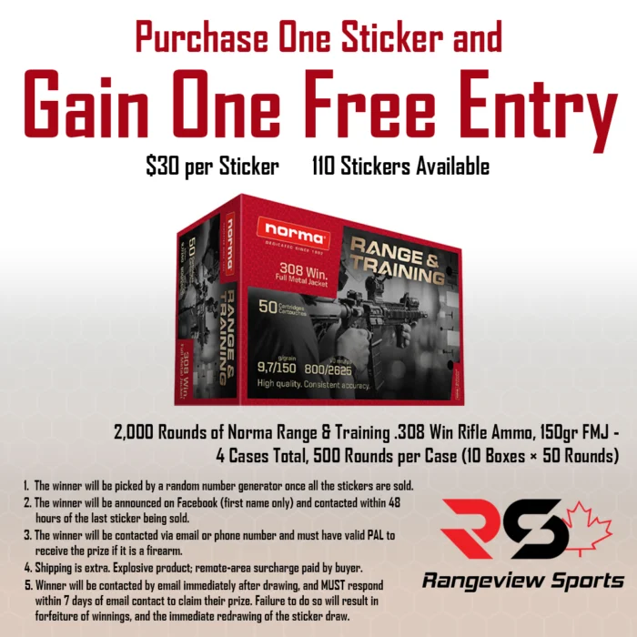 norma-308-2000rds-sticker-1080.webp Rangeview Sports Sticker (2,000 Rounds Of Norma Range &Amp;Amp; Training .308 Win Rifle Ammo, 150Gr Fmj - 4 Cases Total, 500 Rounds Per Case (10 Boxes × 50 Rounds)) - Image 1