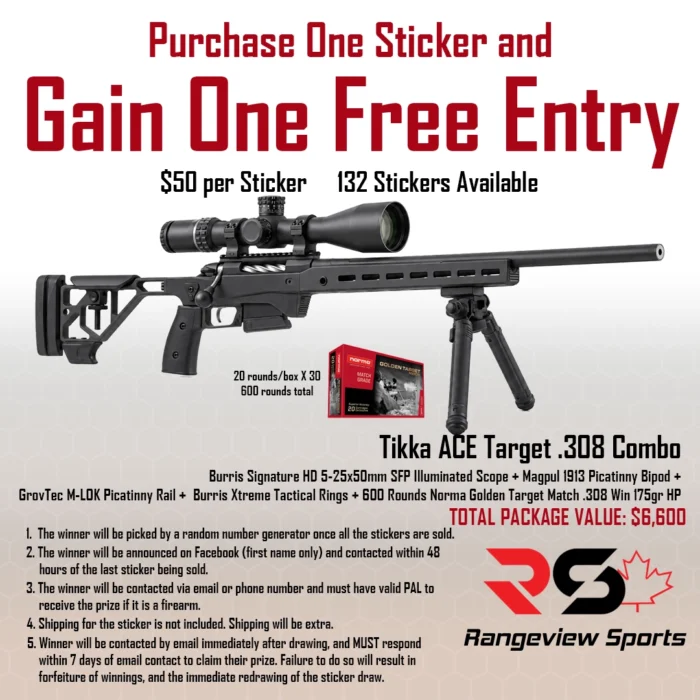 tikka-ace-target-308-combo-sticker-copy.webp Rangeview Sports Sticker (Tikka T3X Ace Target .308 Win/23.7&Amp;Quot; Rifle + Burris Signature Hd 5-25X50Mm Sfp Ballistic E3 Scope + Burris Xtreme Tactical Rings + Grovtec M-Lok Rail + Magpul 1913 Bipod + 600 Rounds Norma Golden Target Match .308 Win 175Gr Hp) - Image 1